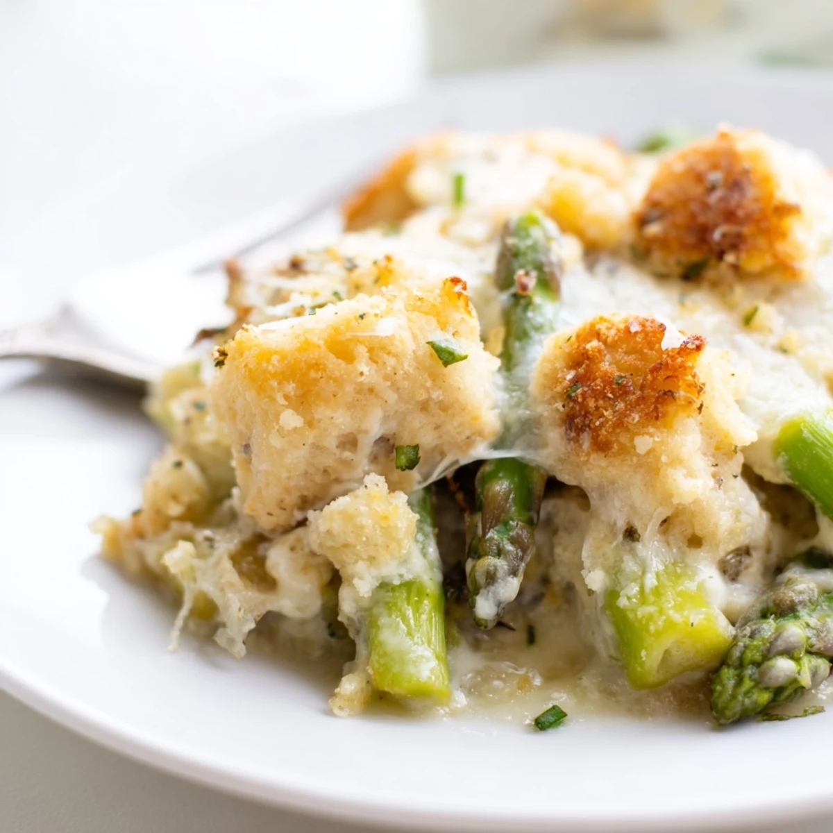 Plate of Creamy Chicken Asparagus Bake garnished with parsley, steamy and cheesy