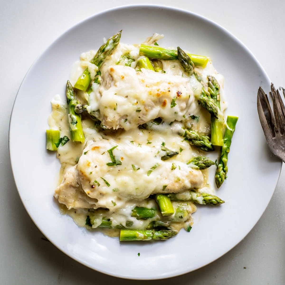 Creamy Chicken Asparagus Bake bubbling golden, tender chicken and crisp asparagus visible
