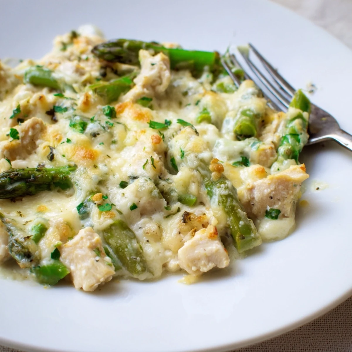 Family-style Creamy Chicken Asparagus Bake, golden-browned top and creamy interior