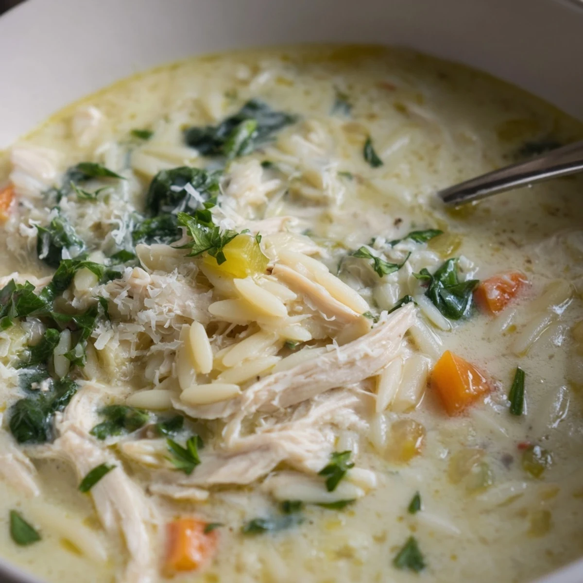 Bowl of Creamy Chicken Florentine Soup With Orzo, tender chicken and Parmesan.