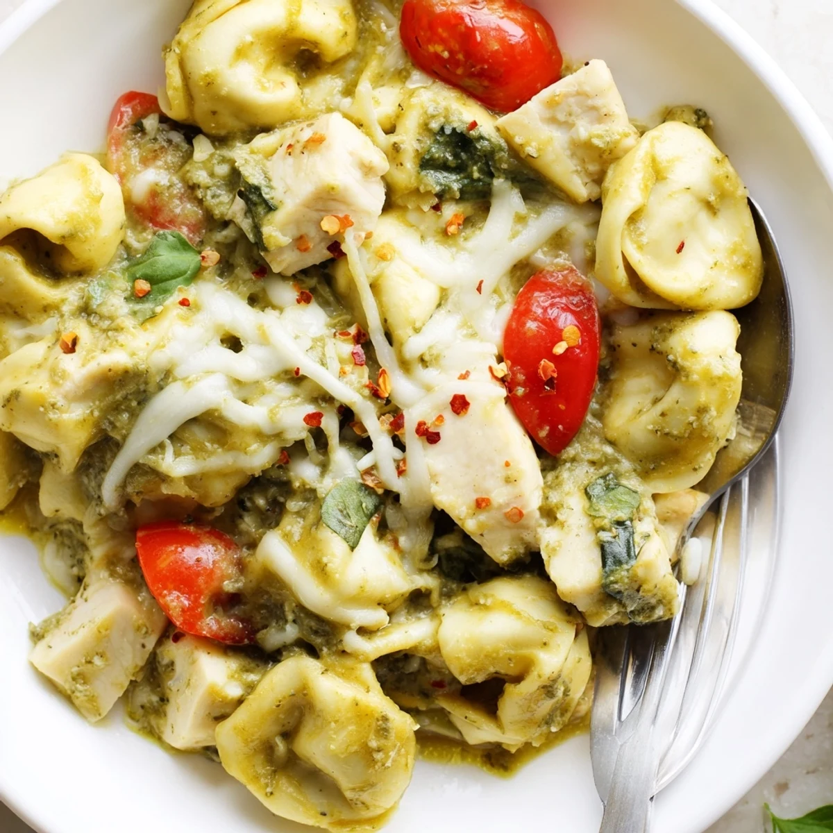 Slow Cooker Tortellini Casserole With Cheesy Chicken Pesto served steaming over garlic bread.