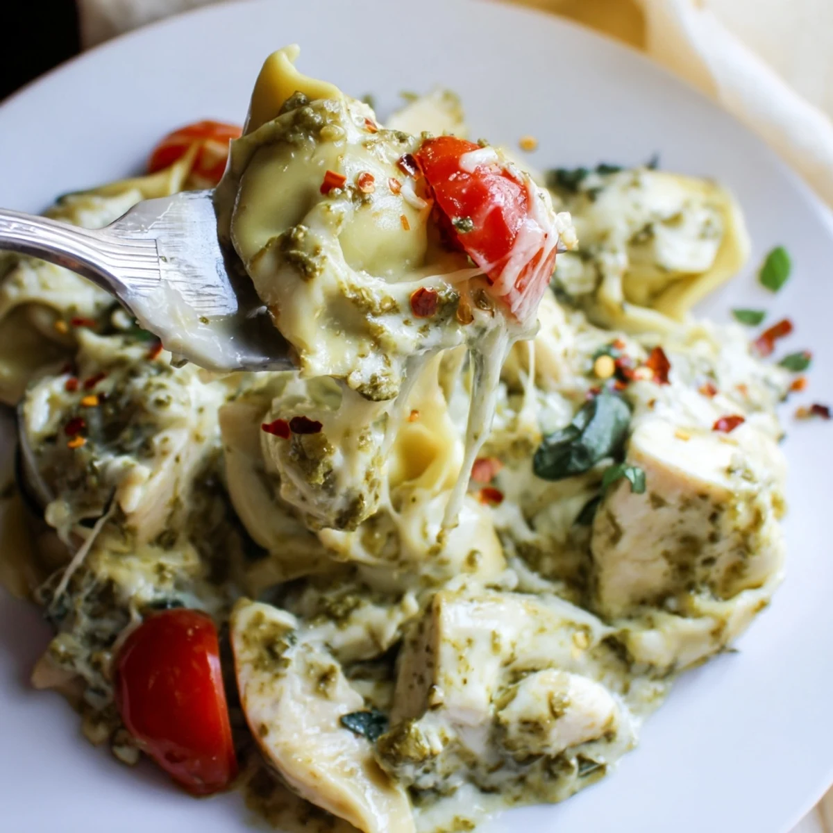 Slow Cooker Tortellini Casserole With Cheesy Chicken Pesto bubbling, creamy, topped with melted mozzarella.