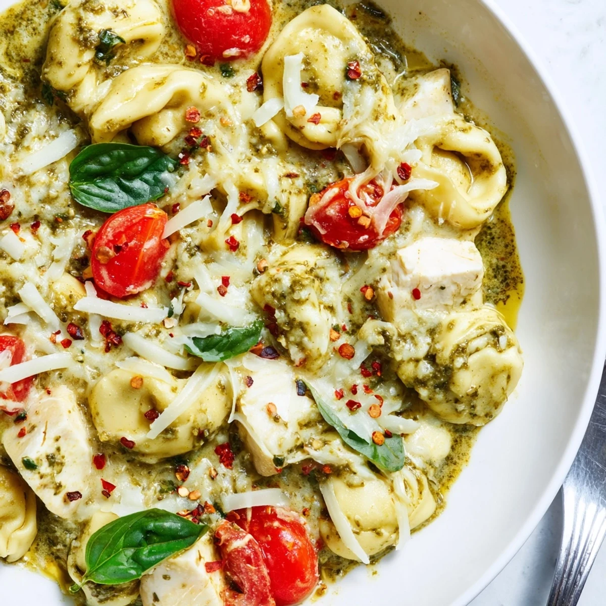 Slow Cooker Tortellini Casserole With Cheesy Chicken Pesto basil-scented tender chicken and gooey tortellini.