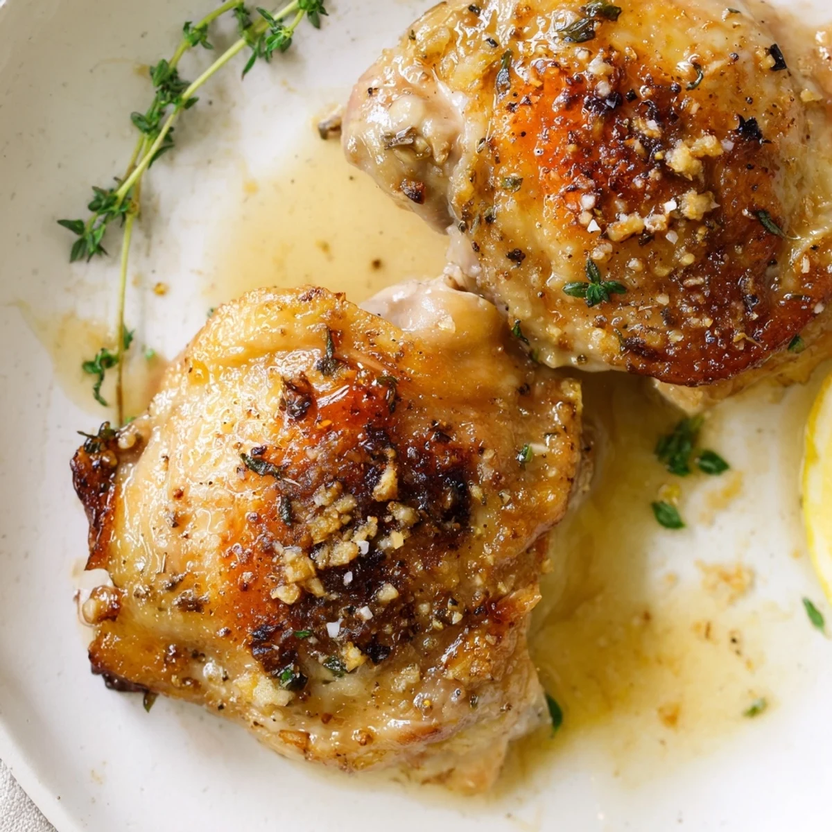 Juicy Lemon Pepper Chicken Thighs marinated in garlic and thyme, served with parsley  