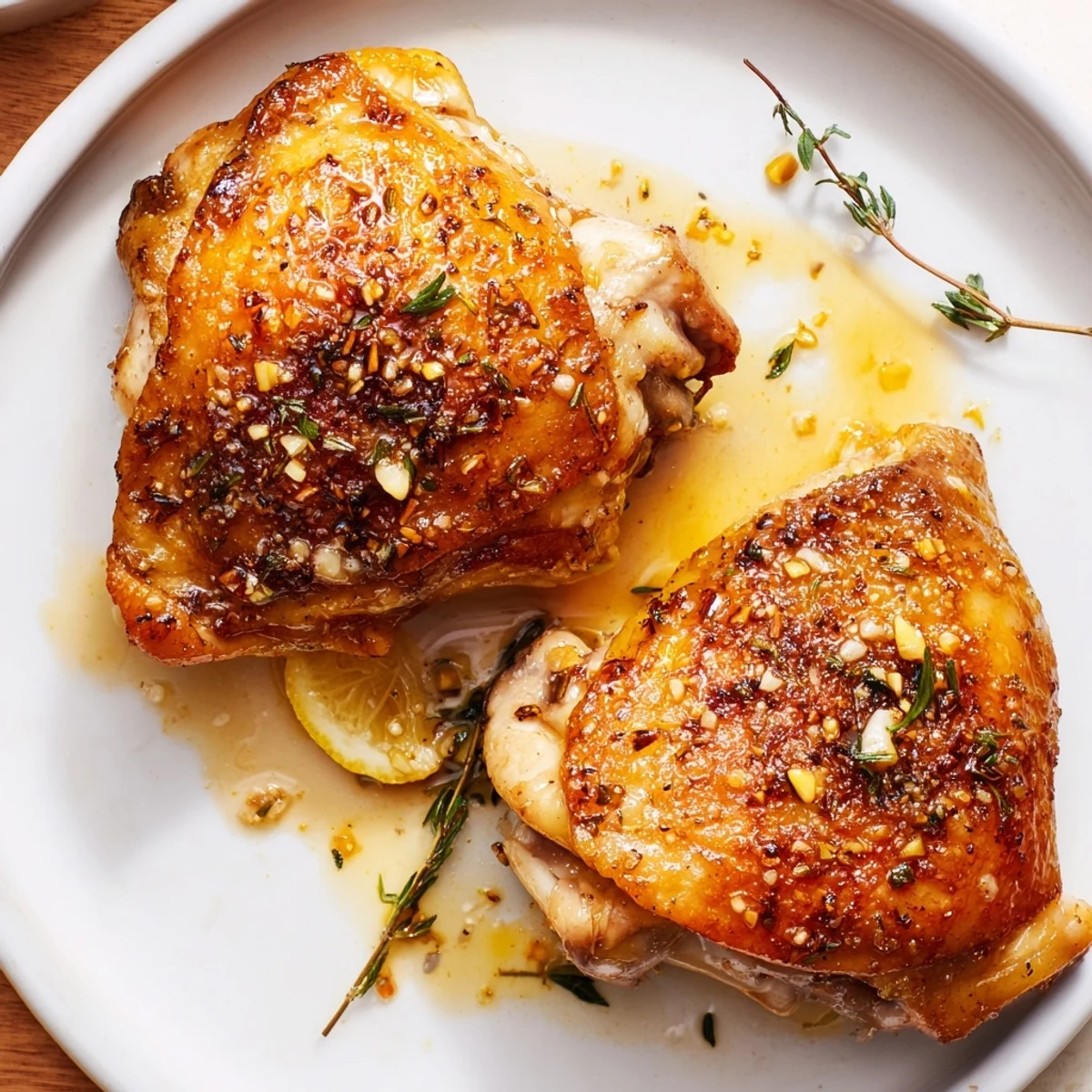 Weeknight ready Lemon Pepper Chicken Thighs on baking sheet, juices glistening