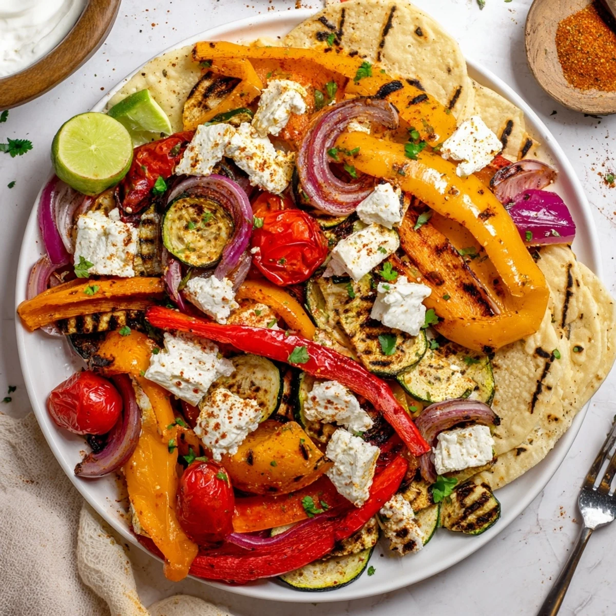 Tajin Feta Sheet Pan Fajitas sizzling with roasted peppers, tangy feta, lime