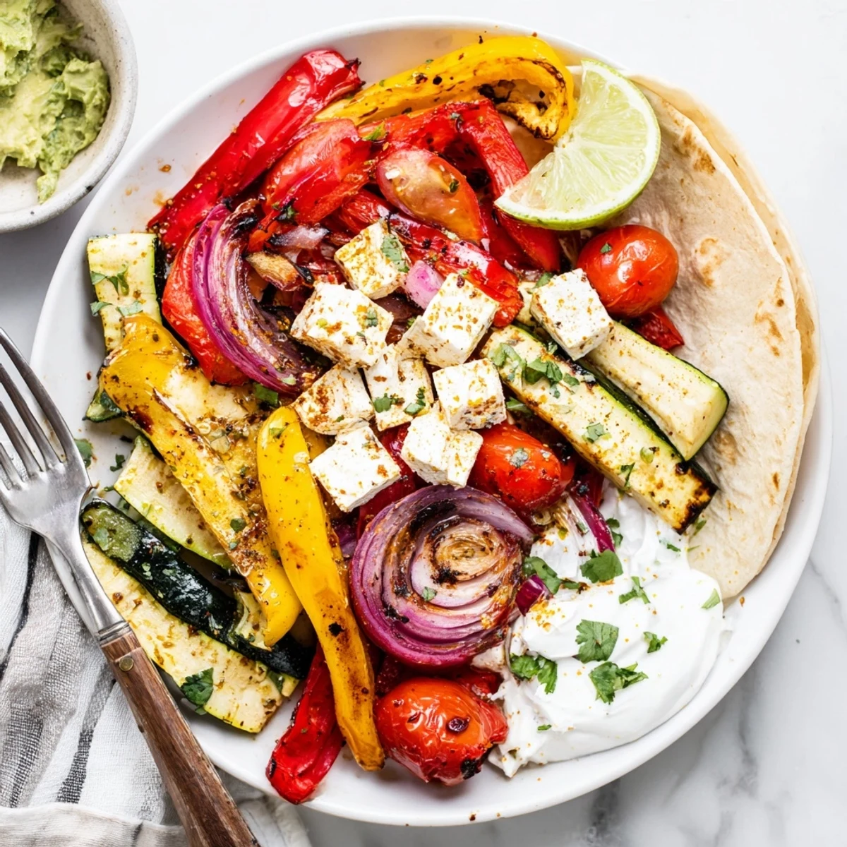 Warm tortillas ready beside oven roasted vegetables and zesty Tajin Feta Sheet Pan Fajitas