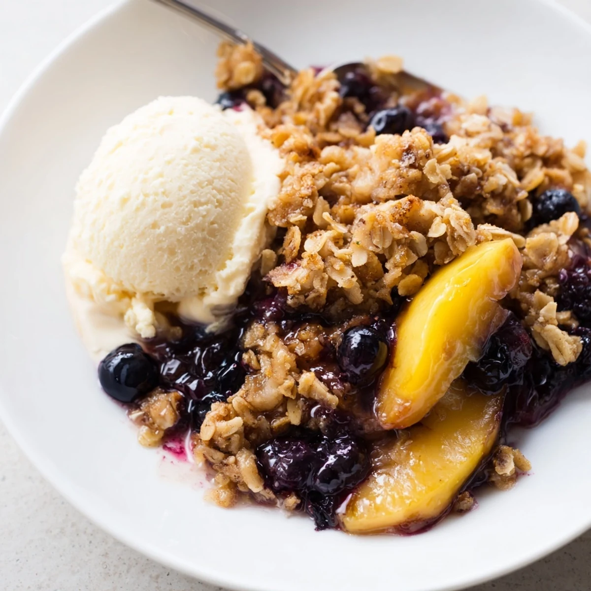 Warm Blueberry Peach Crumble bubbling with golden oat topping, served with ice cream
