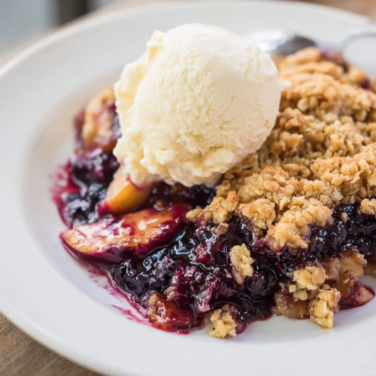Rustic Blueberry Peach Crumble fresh from oven, steam rising, cinnamon aroma