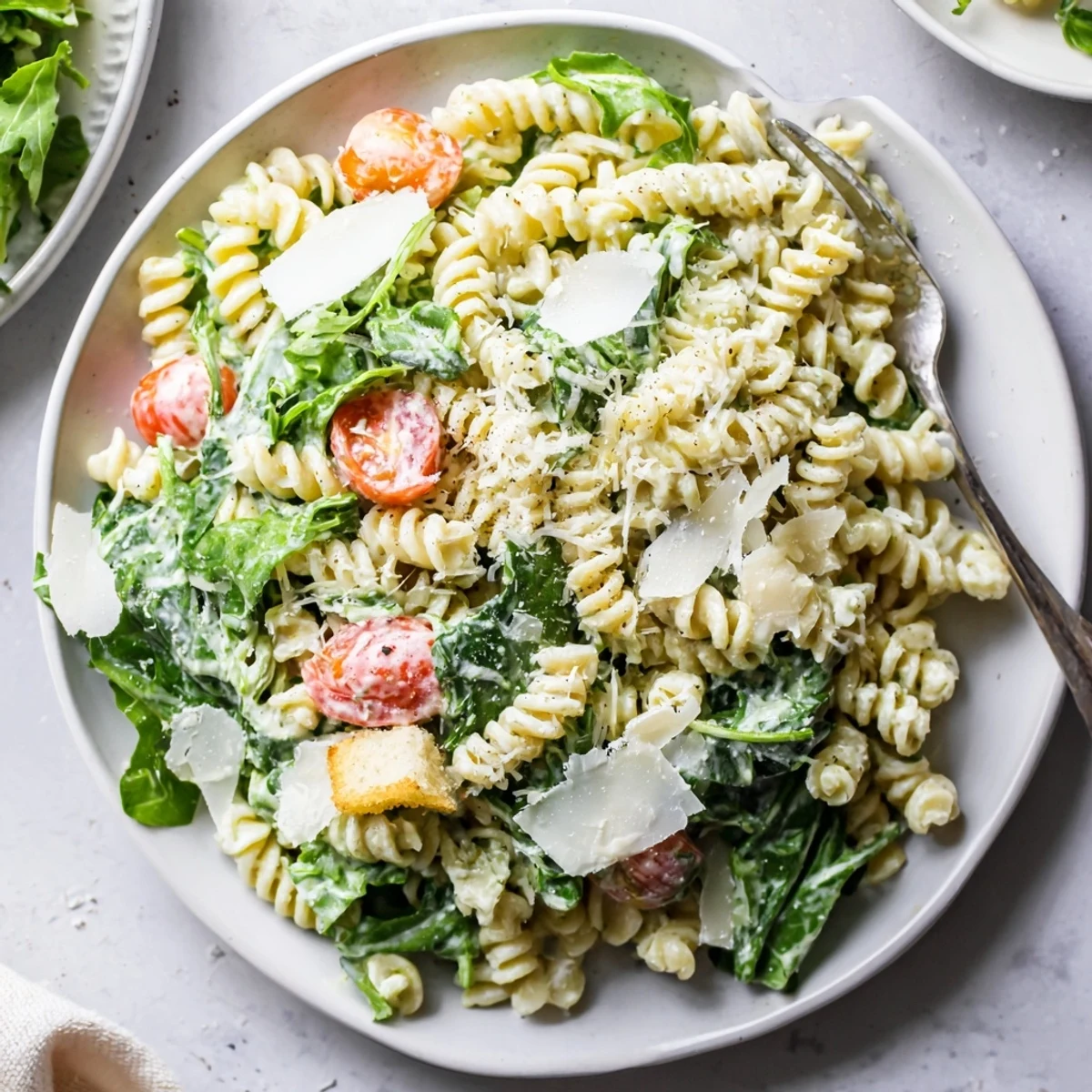 Bright Arugula Pasta Caesar Salad tossed al dente pasta, lemony dressing, tomatoes