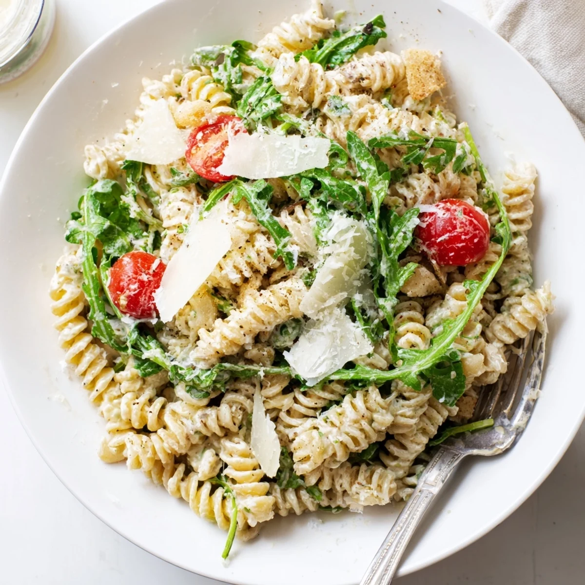 Pile of Arugula Pasta Caesar Salad on platter, tangy, peppery, ready to eat