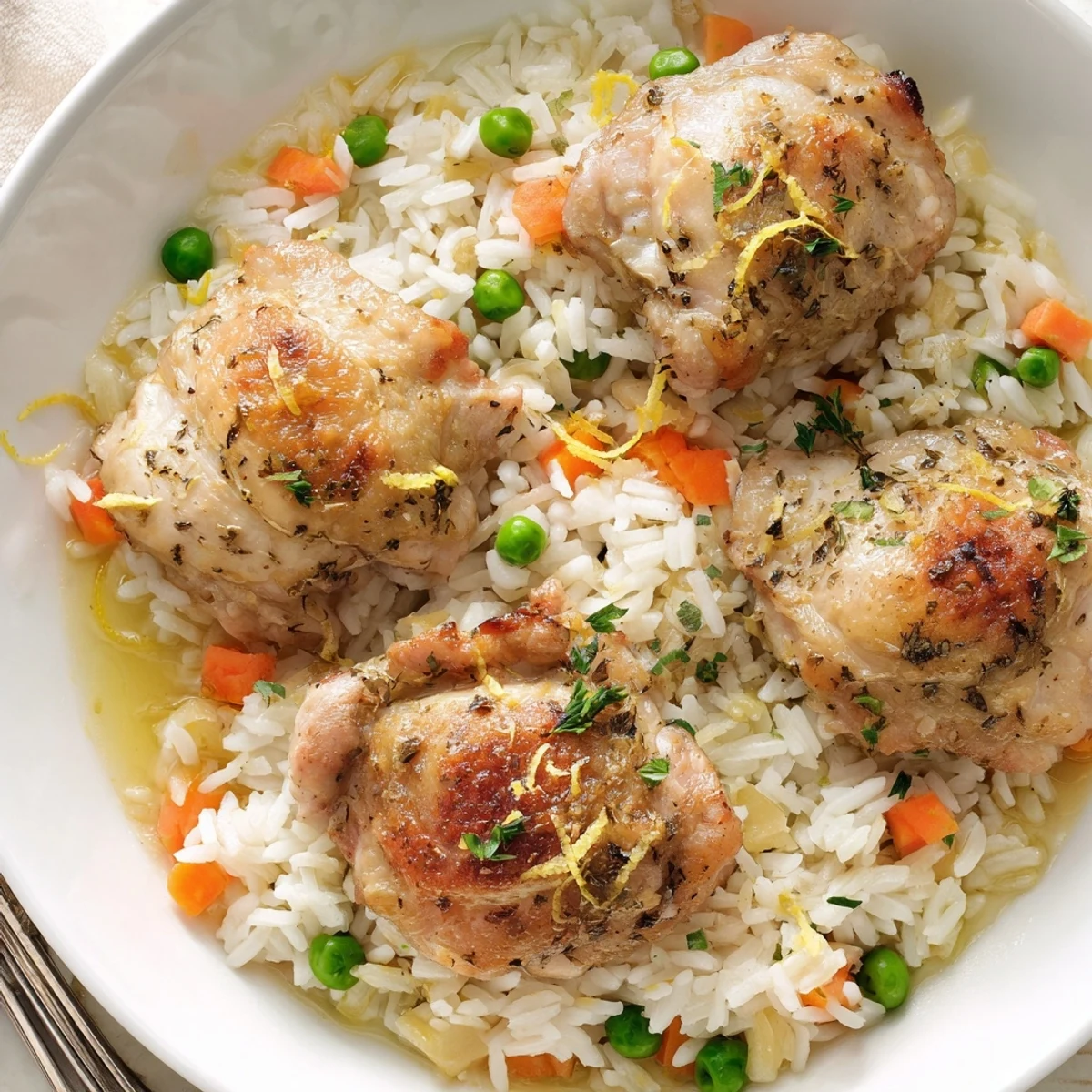 Slow Cooker Lemon Herb Chicken And Rice steaming in rustic bowl, bright lemon aroma.