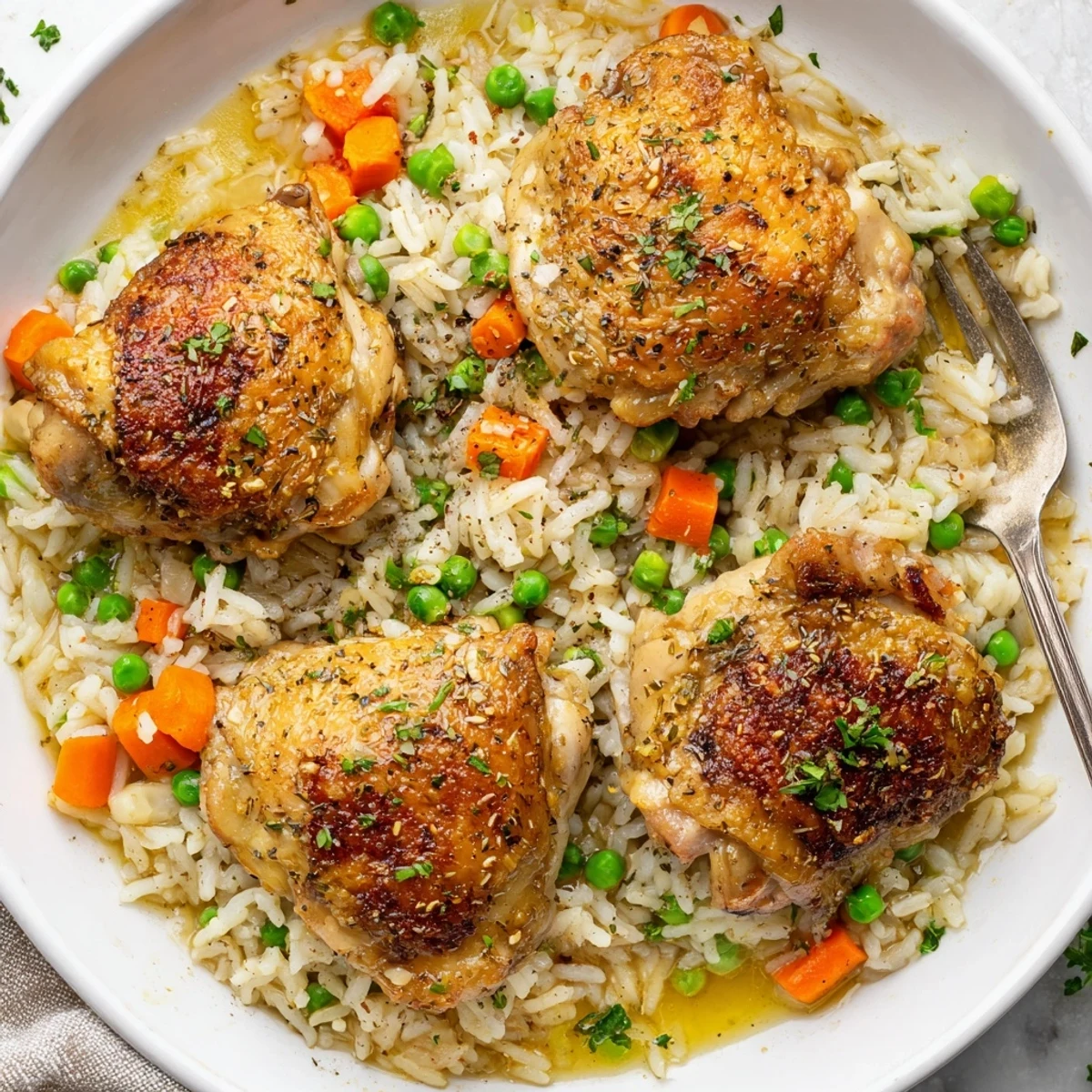 Family-style Slow Cooker Lemon Herb Chicken And Rice with tender thighs and zesty broth.
