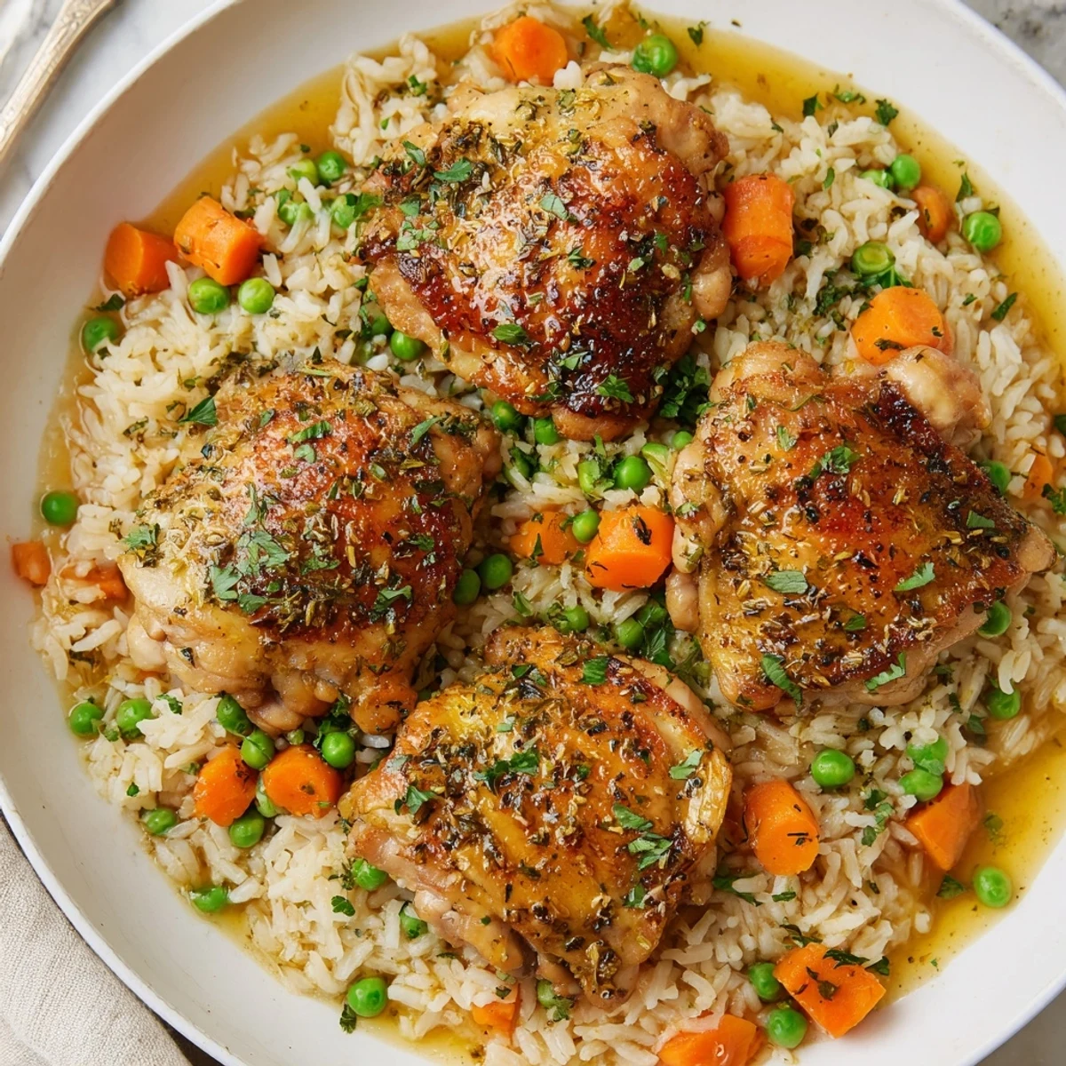 Plate of Slow Cooker Lemon Herb Chicken And Rice garnished with parsley, fluffy rice.