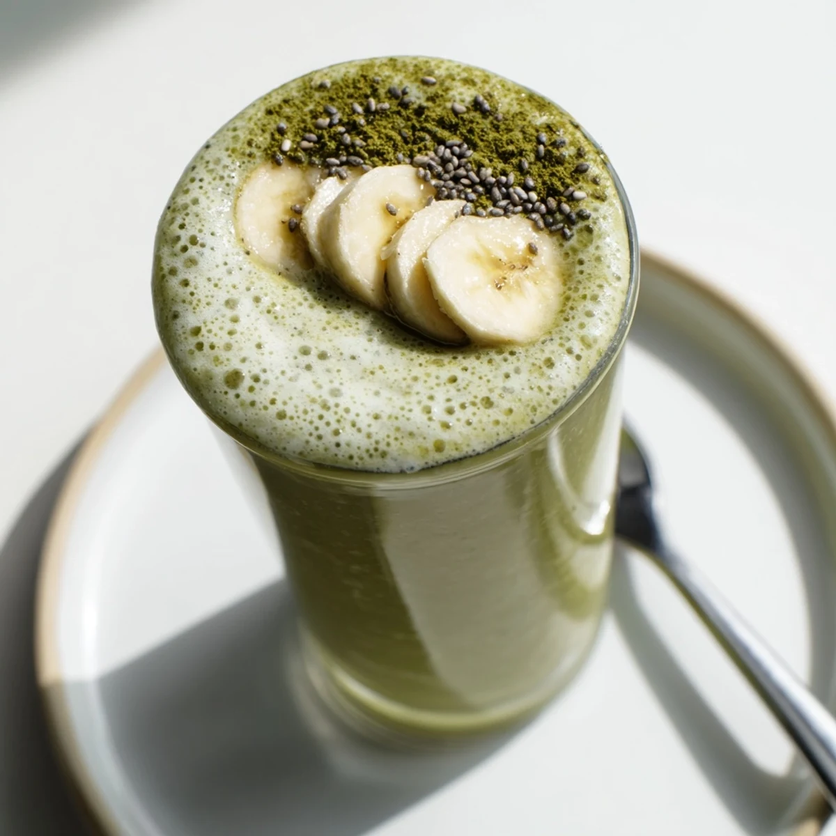 Matcha Smoothie in tall glass, vibrant green, creamy banana and almond texture.