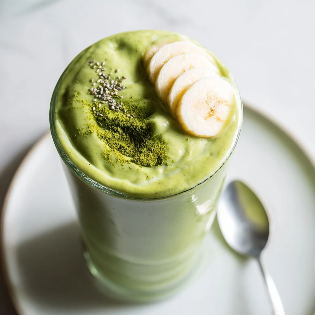 Two servings of Matcha Smoothie beside blender, ideal morning energizing pick me up.