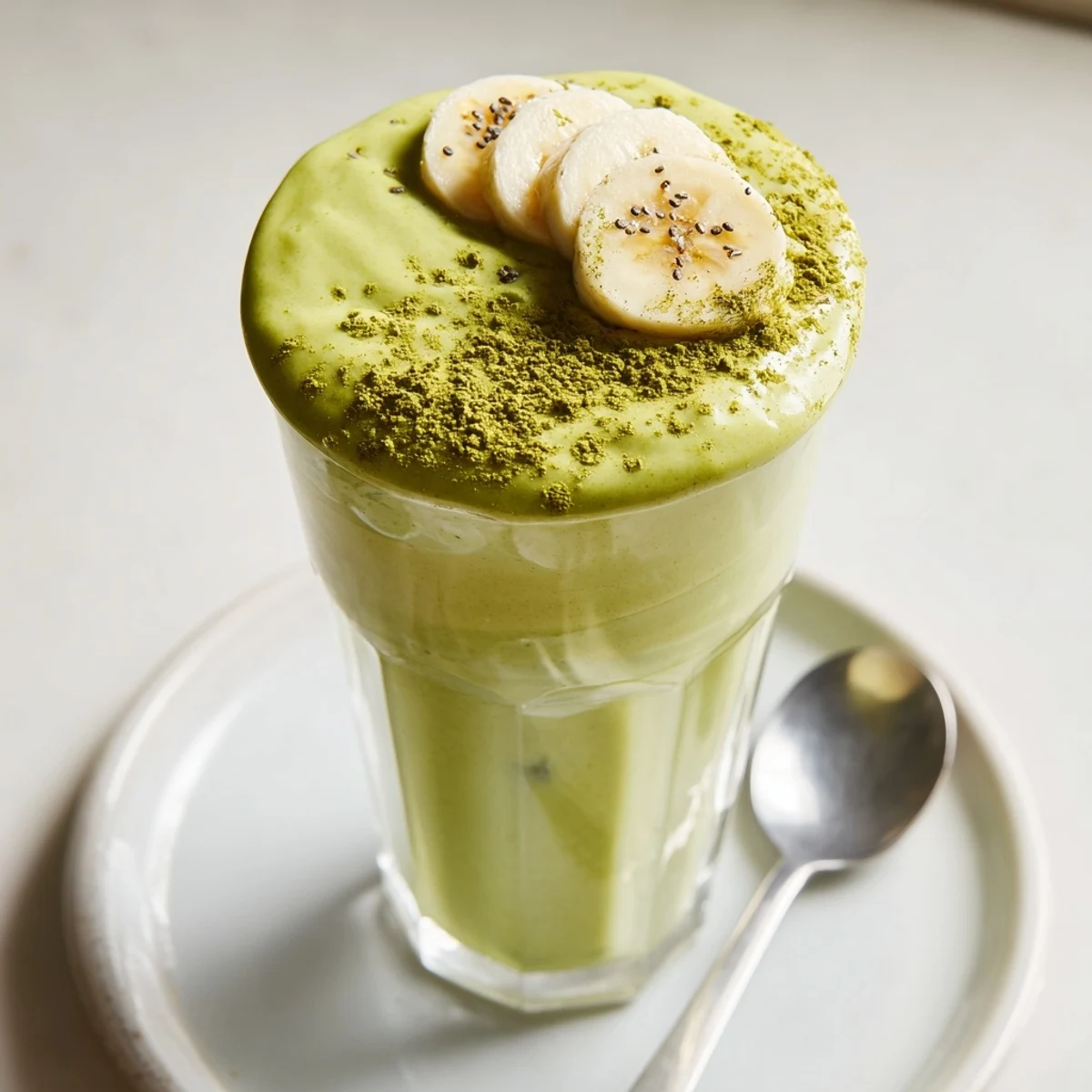 Refreshing Matcha Smoothie poured over ice, garnished with chia seeds.