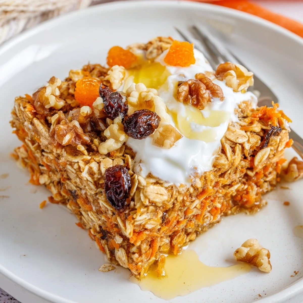 Warm Carrot Cake Baked Oatmeal fresh from oven, cinnamon aroma, cozy.