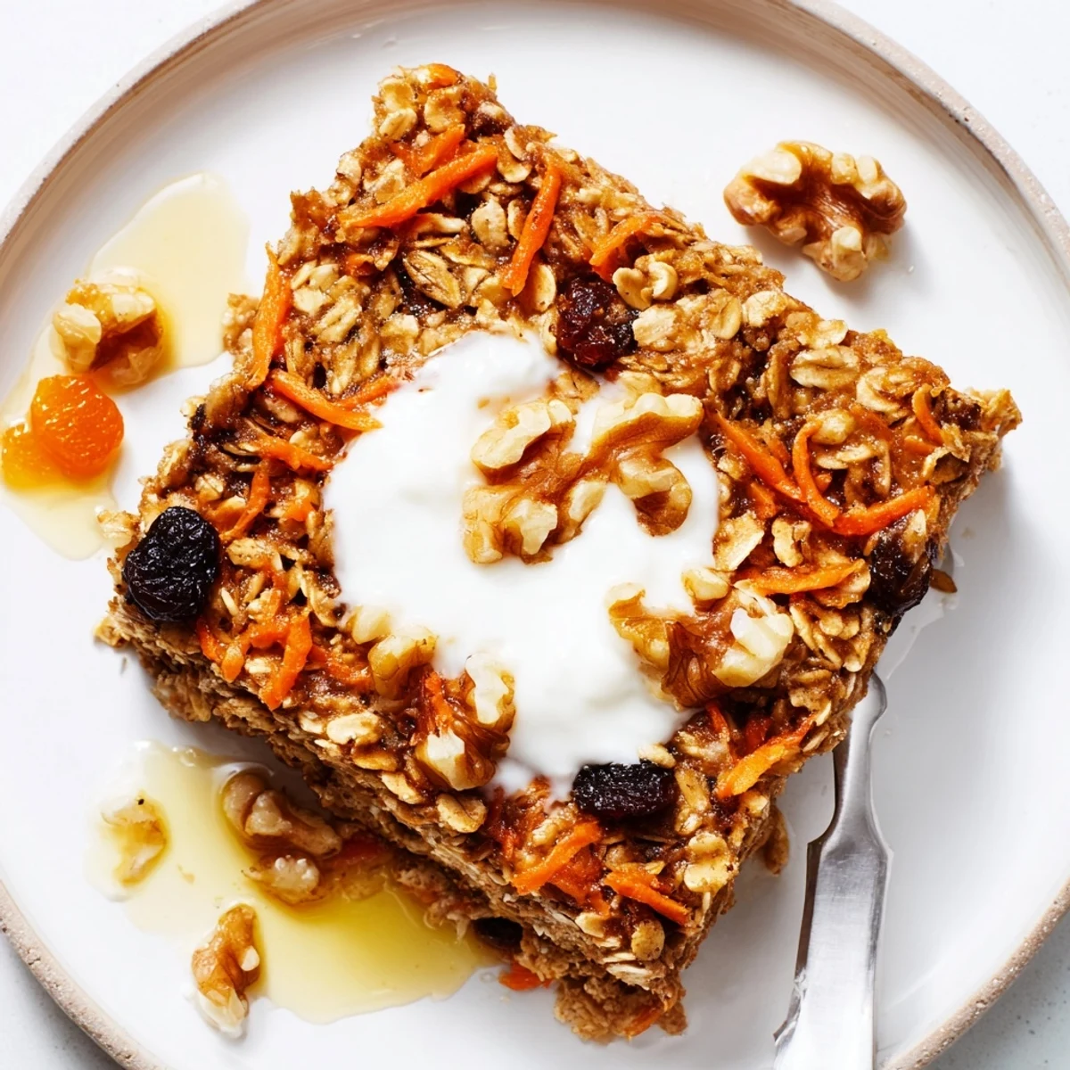 Slice of Carrot Cake Baked Oatmeal topped with yogurt and maple syrup.