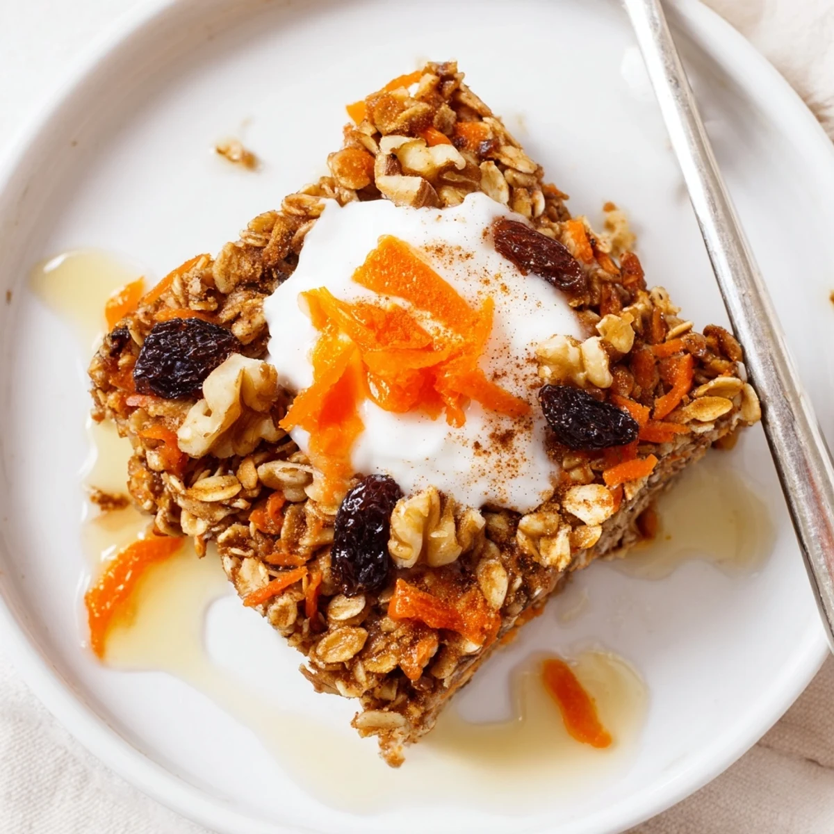 Nutty, spiced Carrot Cake Baked Oatmeal studded with raisins, served warm.
