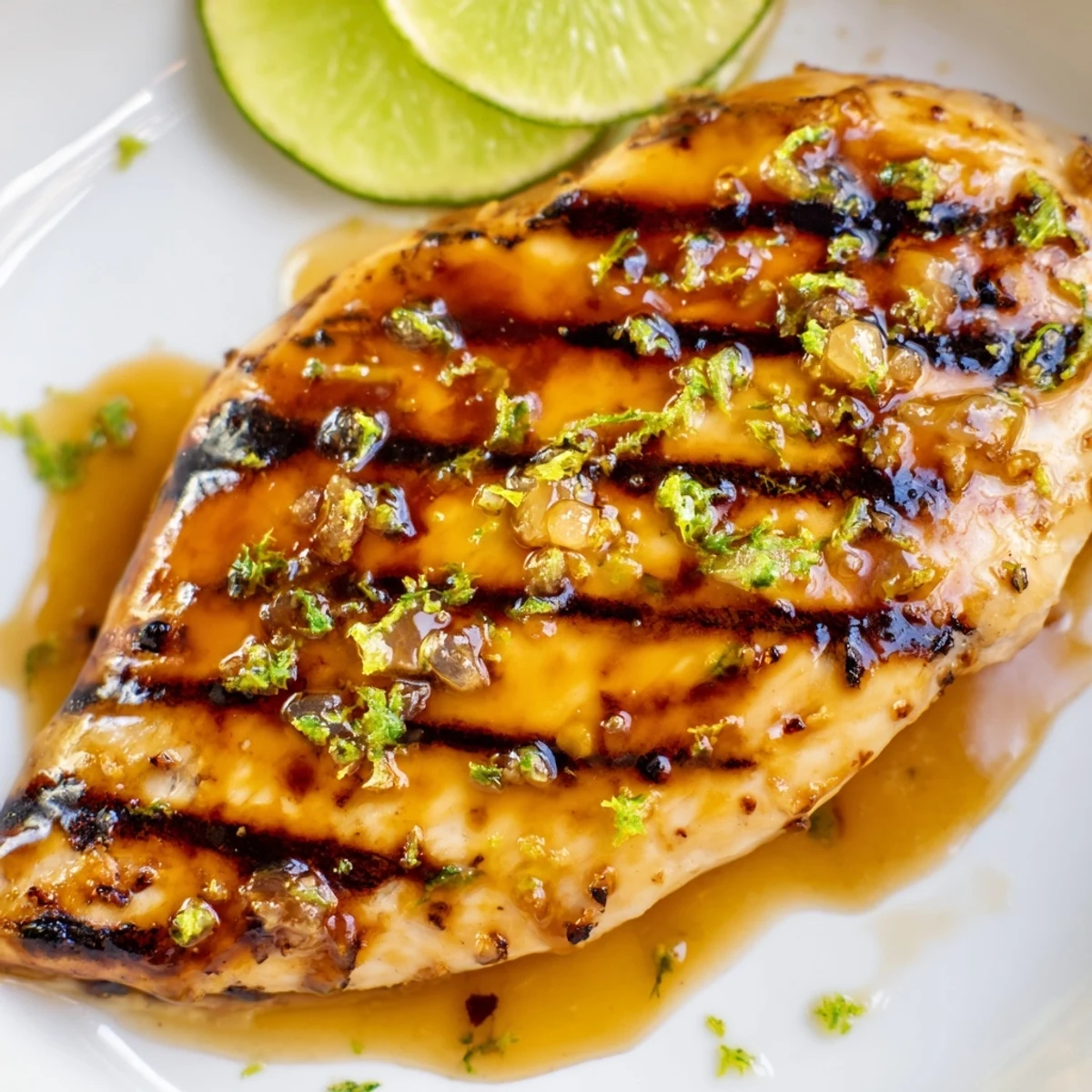 Key West Grilled Chicken With Tropical Citrus Marinade, charred golden, juicy, lime wedges.