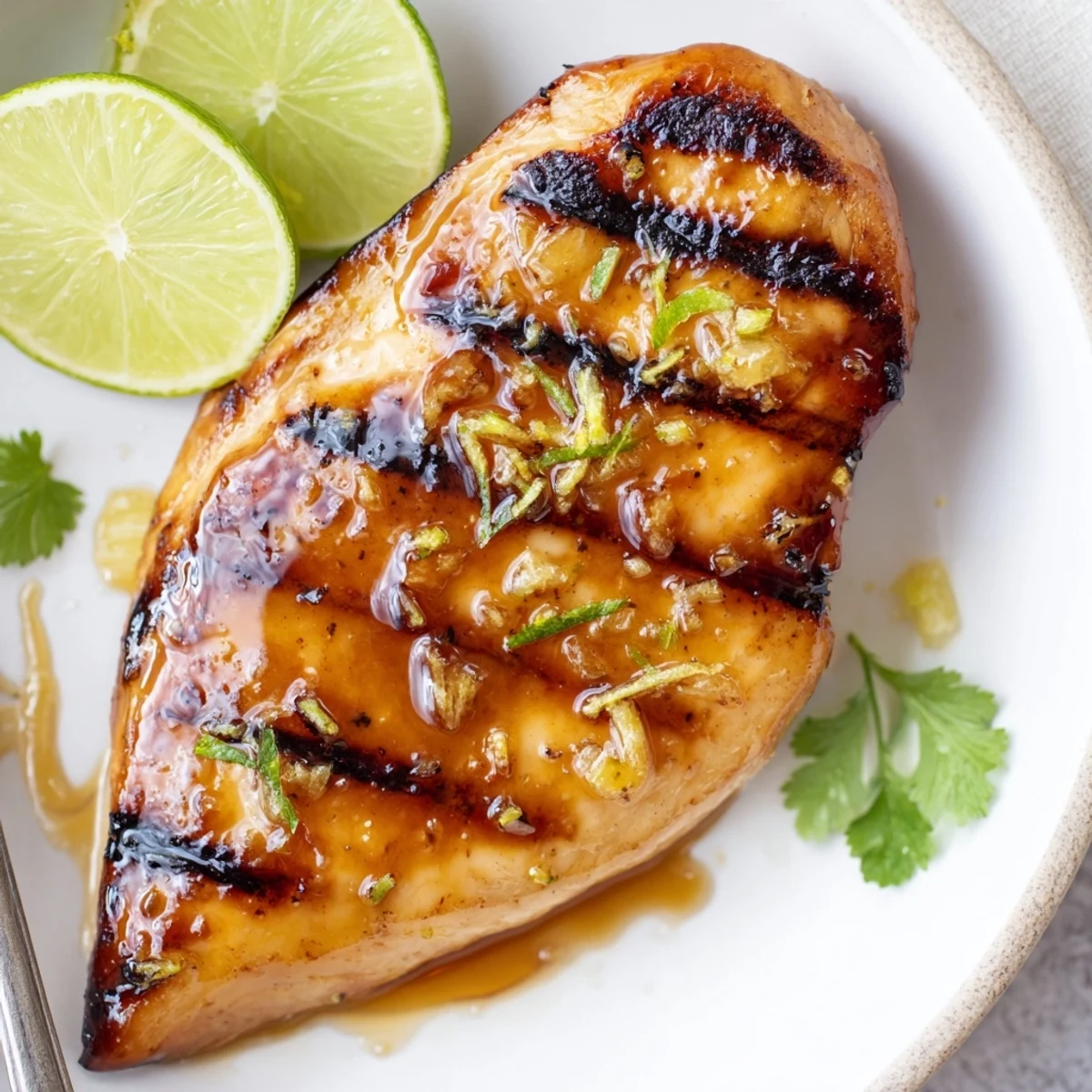 Juicy Key West Grilled Chicken With Tropical Citrus Marinade resting, garnished with cilantro.