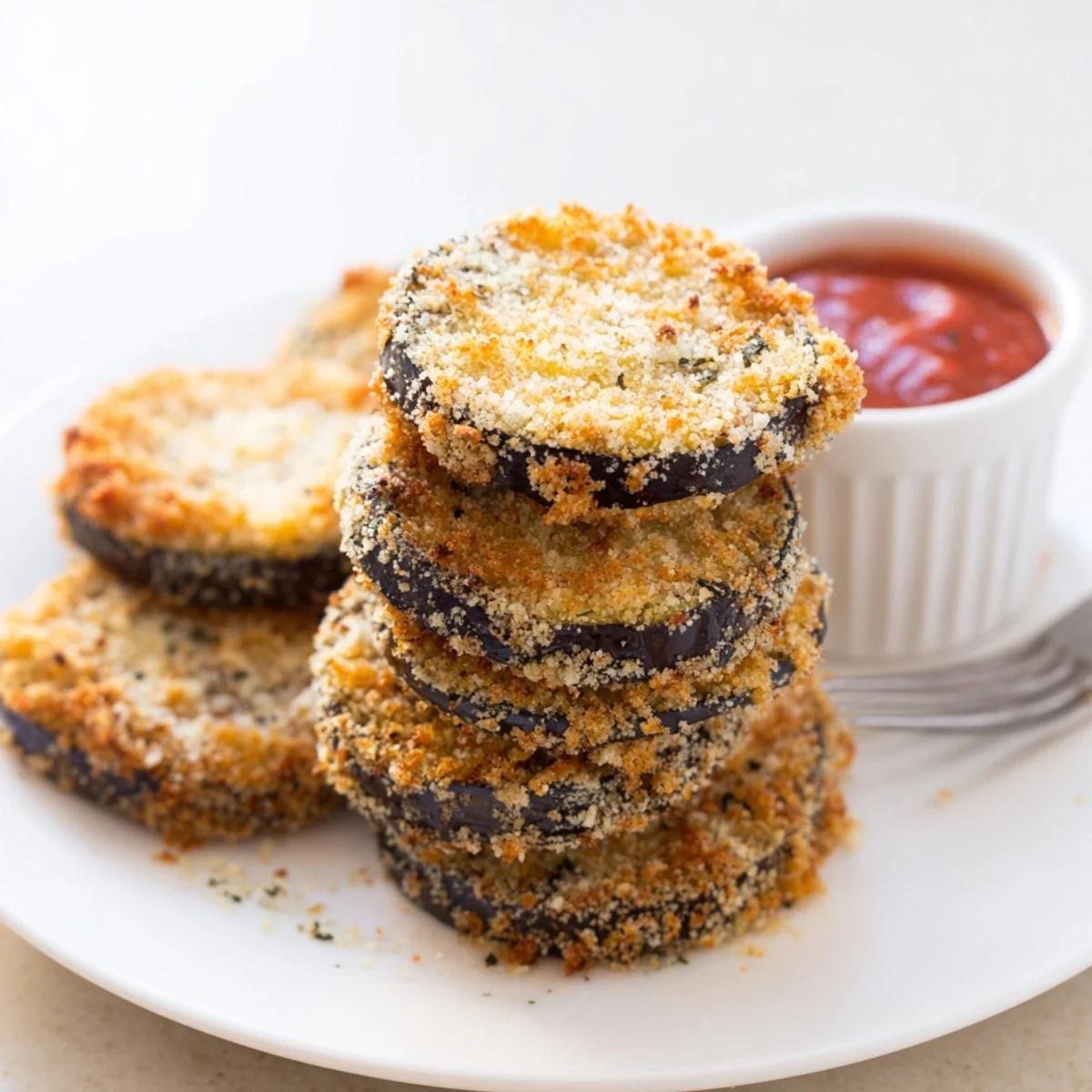 Crispy Baked Eggplant piled on a plate, golden, crunchy edges.  