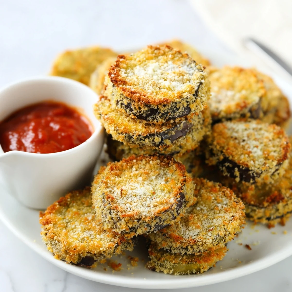 Warm Crispy Baked Eggplant slices beside marinara, flaky breadcrumb crust.  