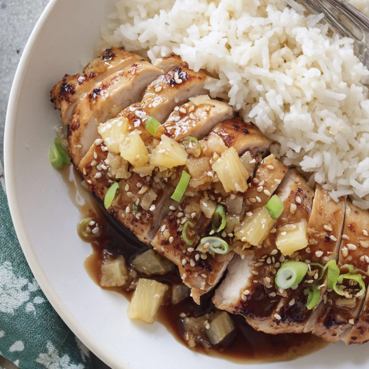 Family-style Hawaiian Chicken With Coconut Rice on wooden board, sesame seeds and lime.