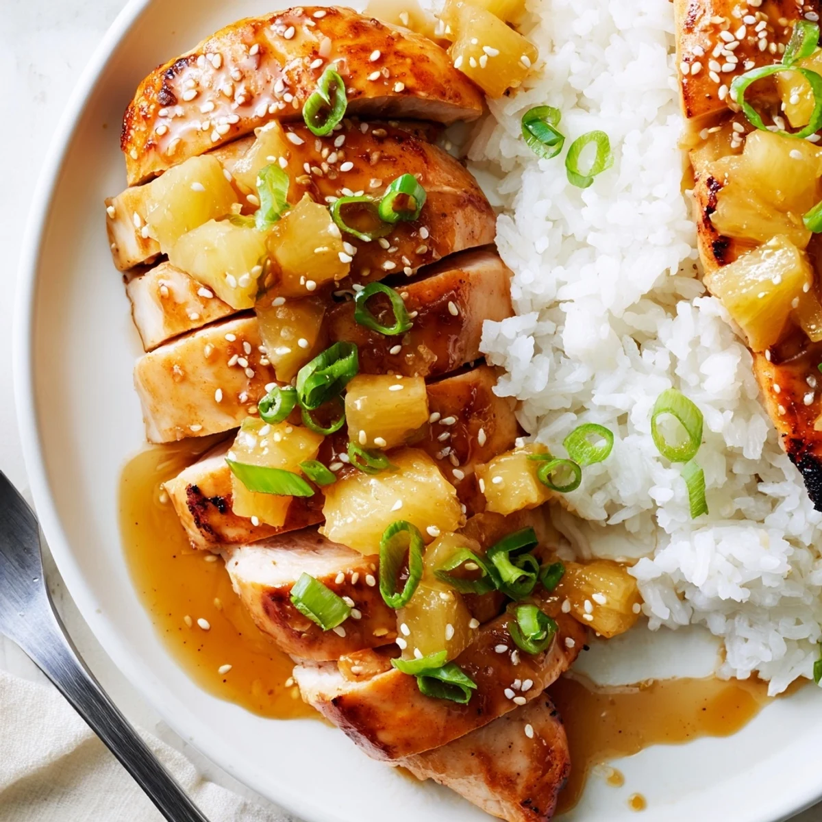 Savory Hawaiian Chicken With Coconut Rice served steaming, fragrant coconut-scented rice and scallions.