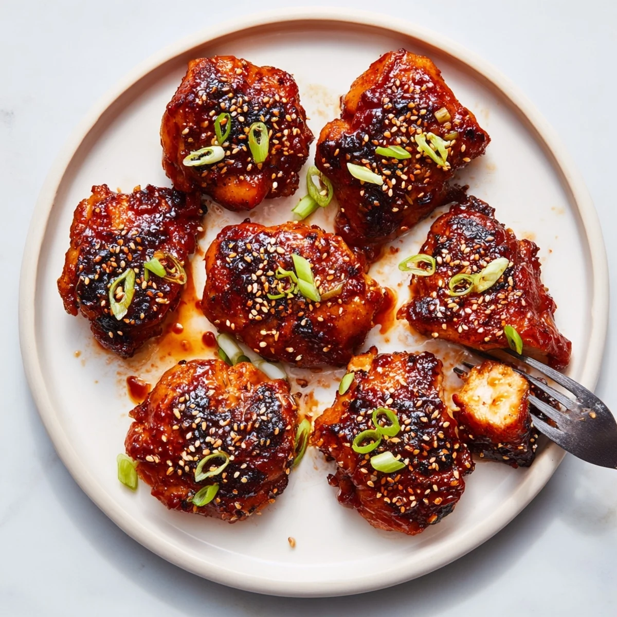 Sizzling Juicy Korean Chicken Thighs with caramelized glaze and fresh scallions.
