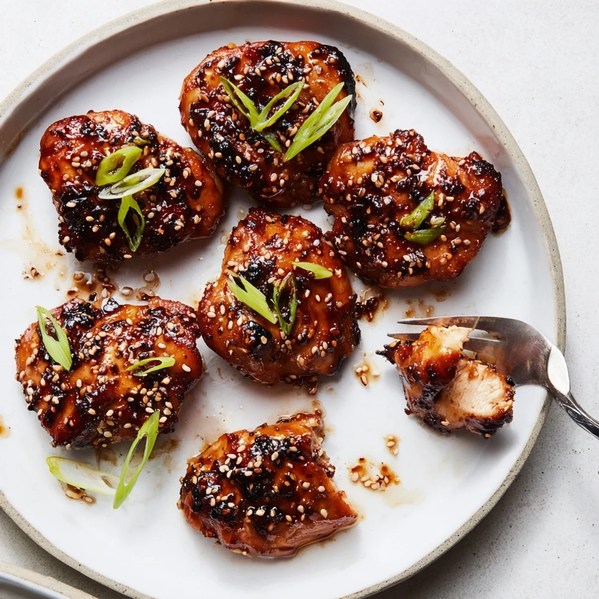 Plated Juicy Korean Chicken Thighs atop steamed rice, sesame seeds and kimchi.