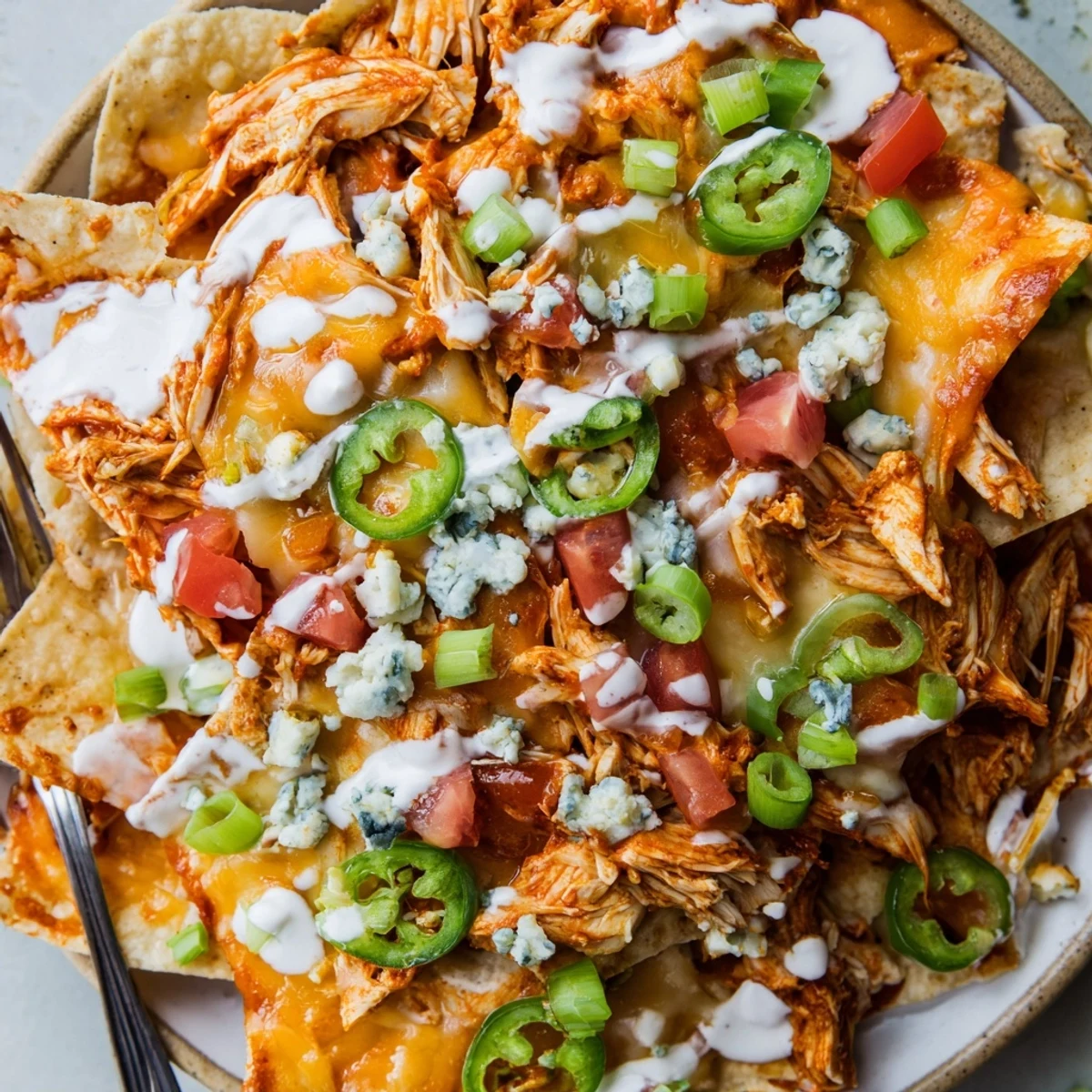 Crispy Buffalo Chicken Nachos piled on a baking sheet, drizzled ranch