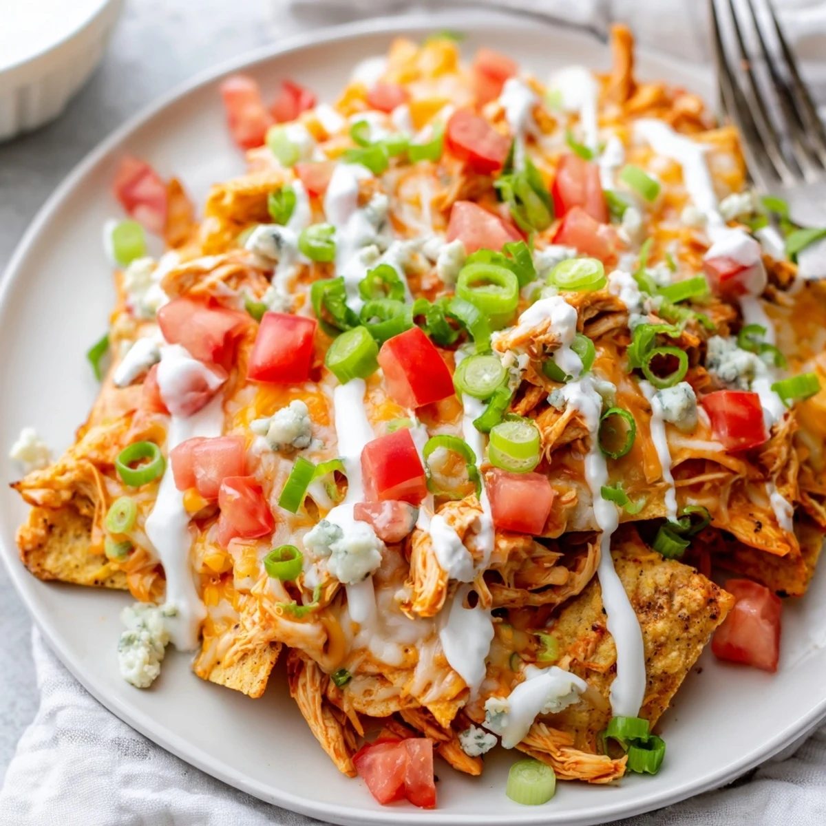 Buffalo Chicken Nachos with bubbling cheddar, spicy shredded chicken and jalapeño slices