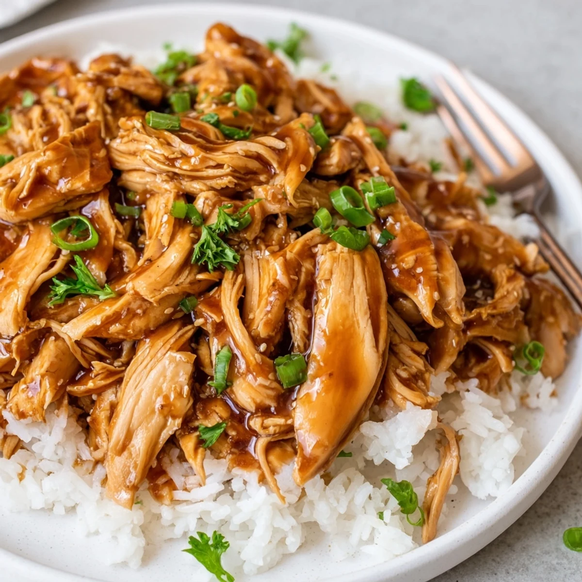 Crockpot Honey Garlic Chicken glistening in sticky sauce over steaming white rice.