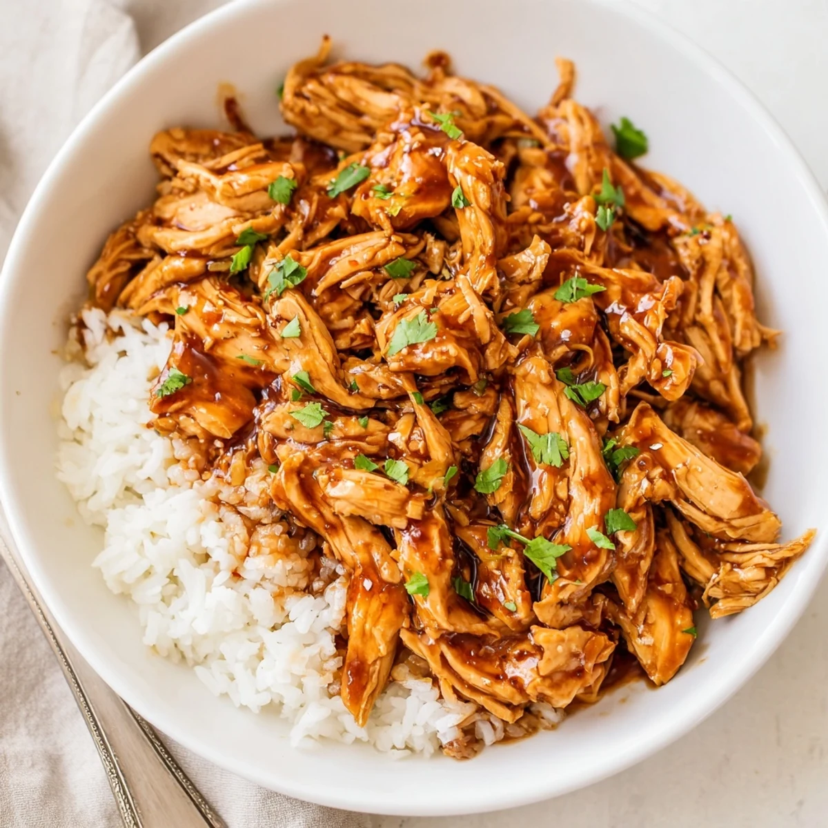 Slow-cooked Crockpot Honey Garlic Chicken, shredded and tender, sweet-savory aroma filling kitchen.