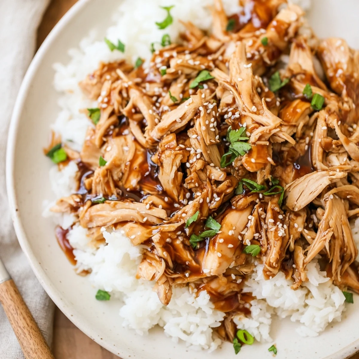 Weeknight Crockpot Honey Garlic Chicken topped with chopped green onions and parsley.