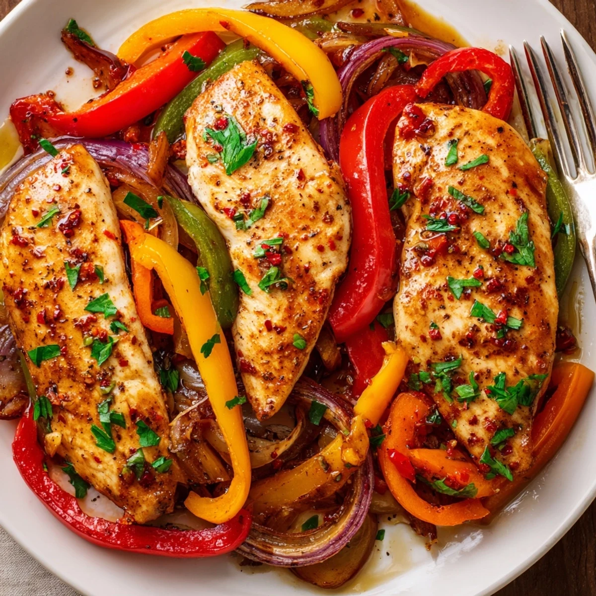 One Pan Chicken And Peppers sizzling in skillet with roasted peppers and herbs