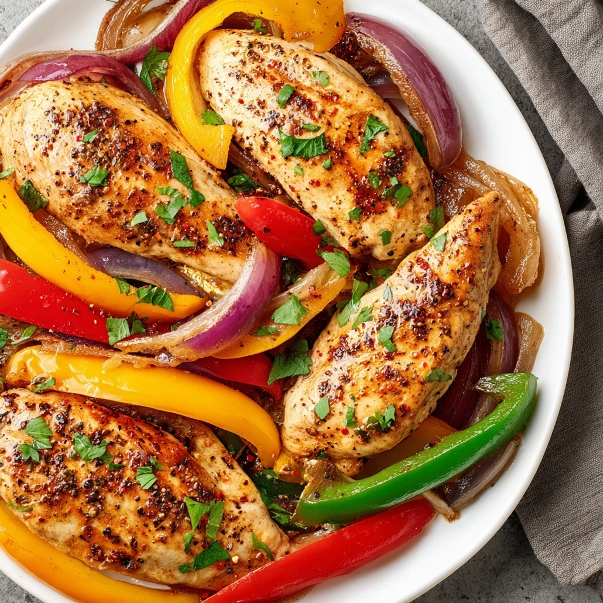Juicy One Pan Chicken And Peppers served hot, garlicky aroma, parsley garnish
