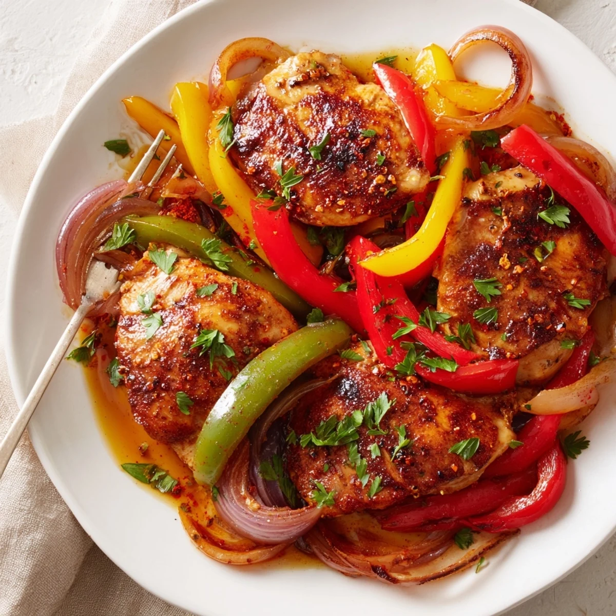 Oven-roasted One Pan Chicken And Peppers nestled on rice, vibrant bell peppers