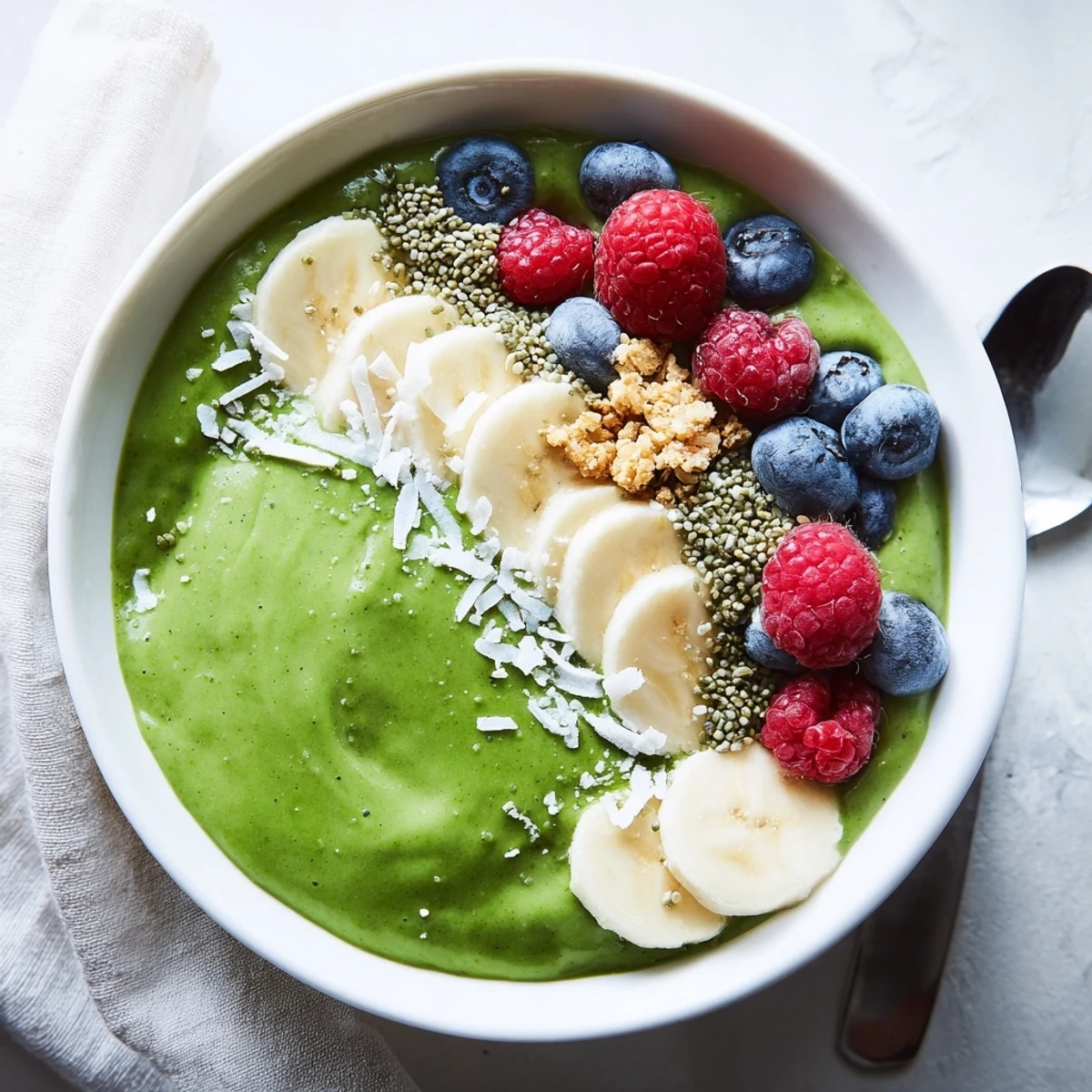 Creamy Green Smoothie Bowl with Spirulina, Banana & Hemp Seeds, topped with berries