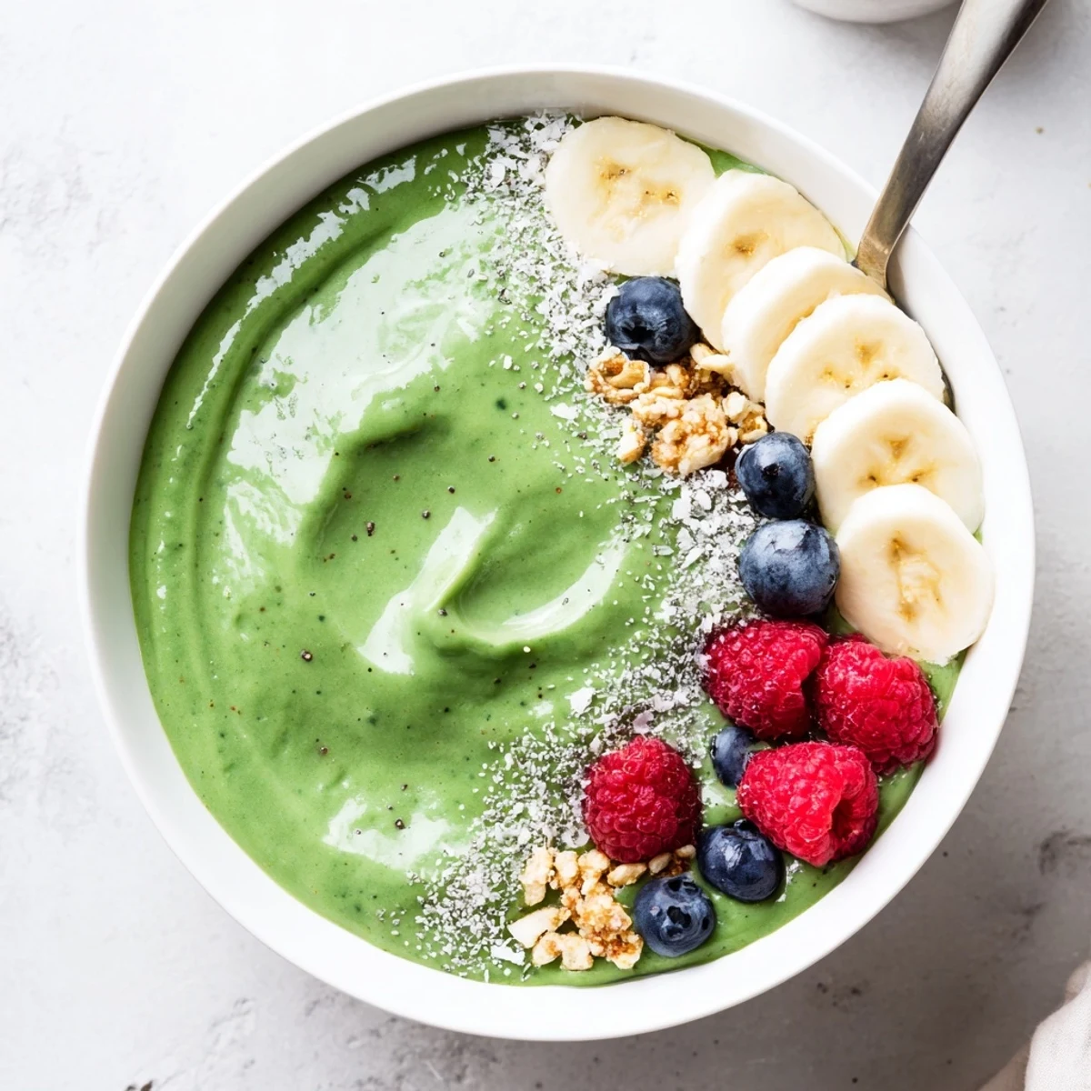 A vibrant breakfast featuring Green Smoothie Bowl with Spirulina, Banana & Hemp Seeds