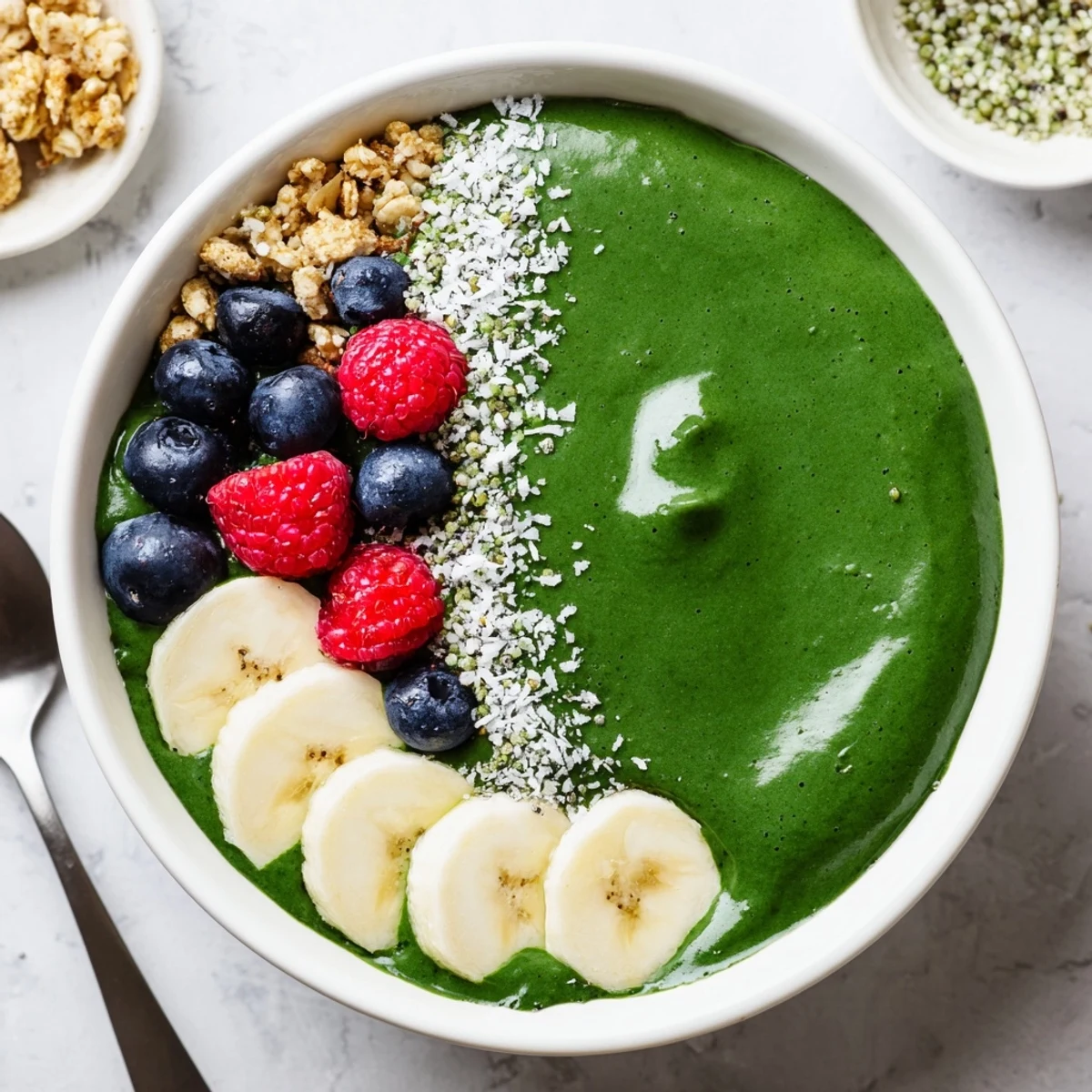 Green Smoothie Bowl with Spirulina, Banana & Hemp Seeds, ready for breakfast with granola