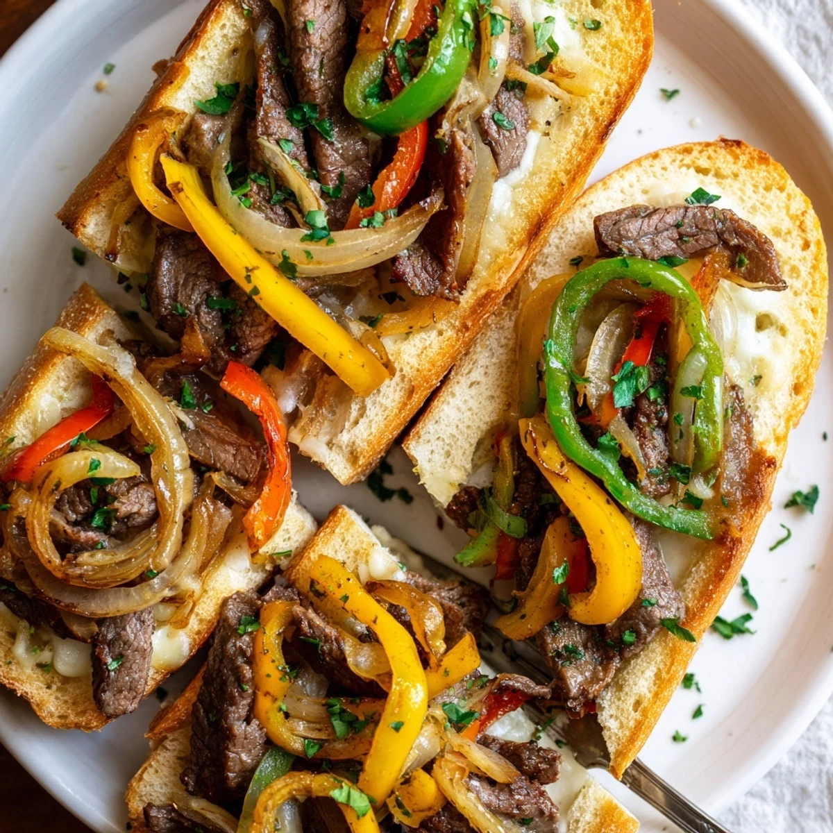 Serve warm Philly Cheesesteak Garlic Bread sliced for parties, fragrant buttery garlic