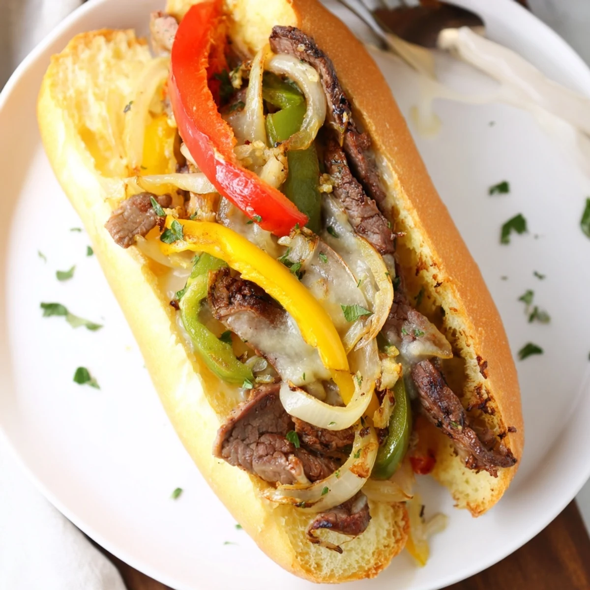 Oven baked Philly Cheesesteak Garlic Bread topped with sauteed peppers and gooey cheese