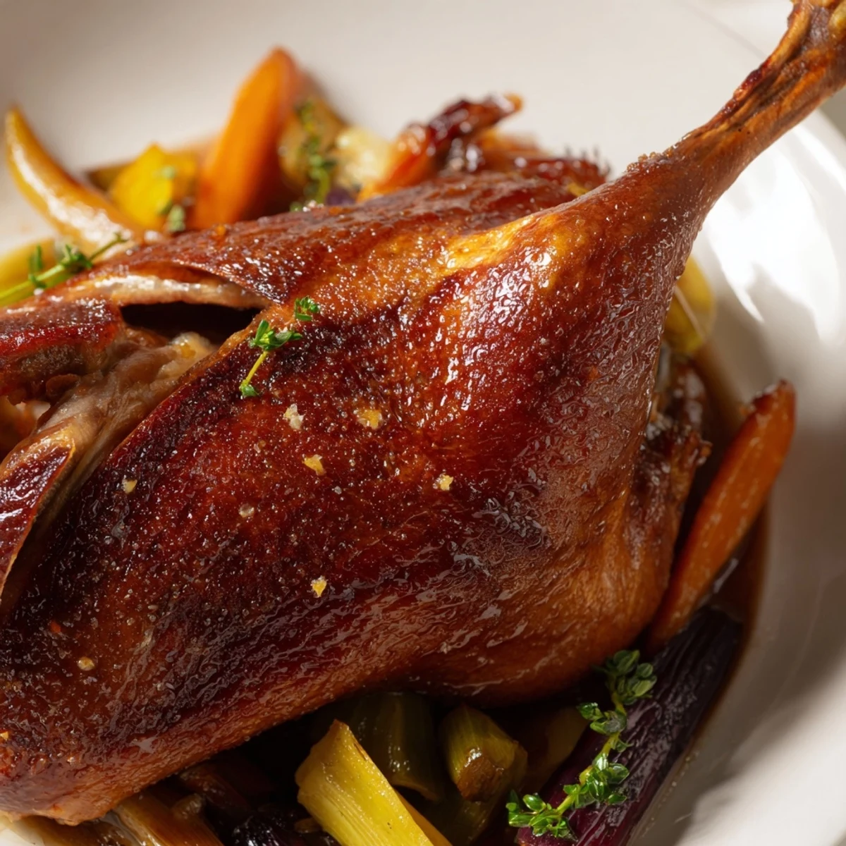 Crispy Braised Duck With Savory Vegetables served on rustic platter, juices glistening