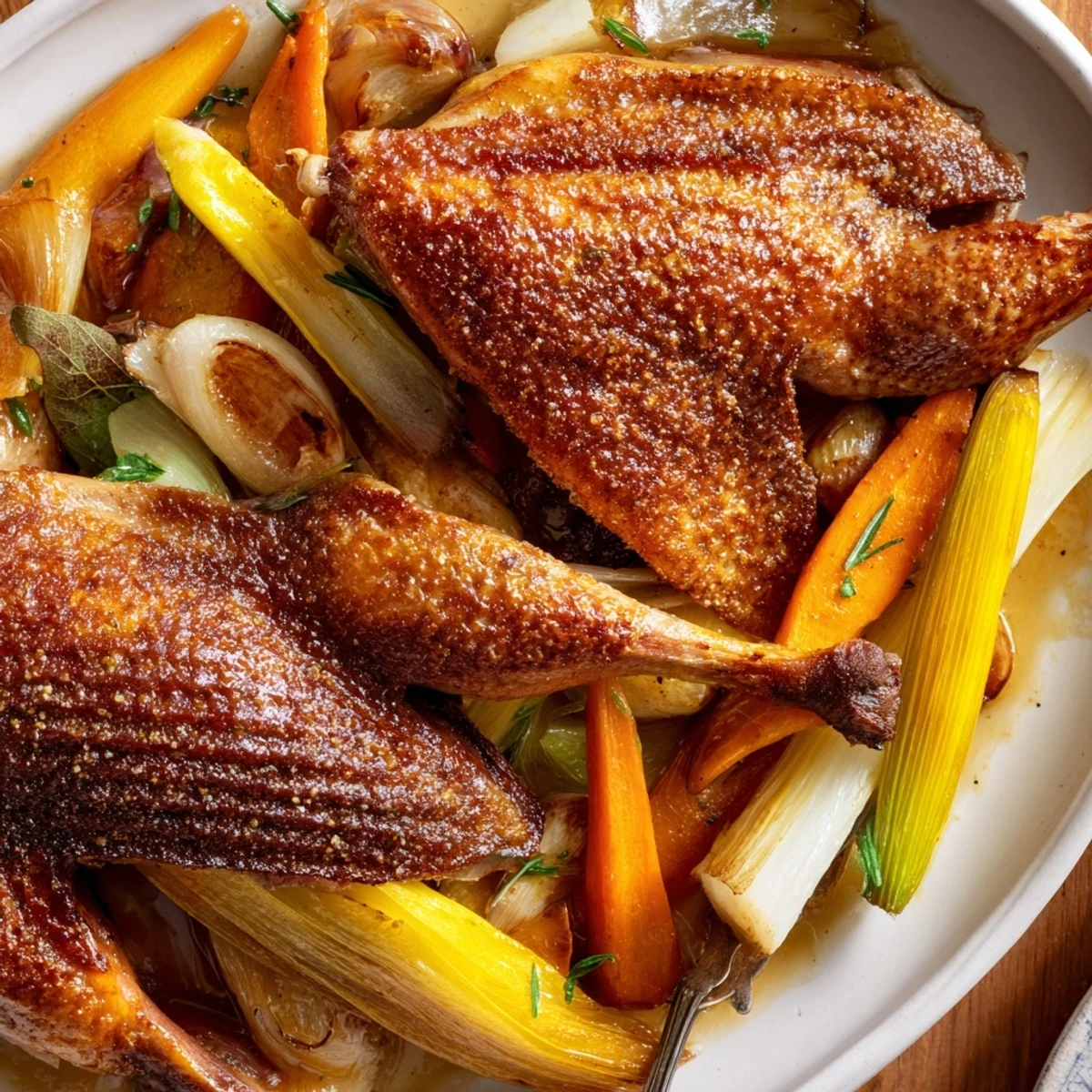 Oven-roasted Crispy Braised Duck With Savory Vegetables resting, golden-brown skin, tender meat