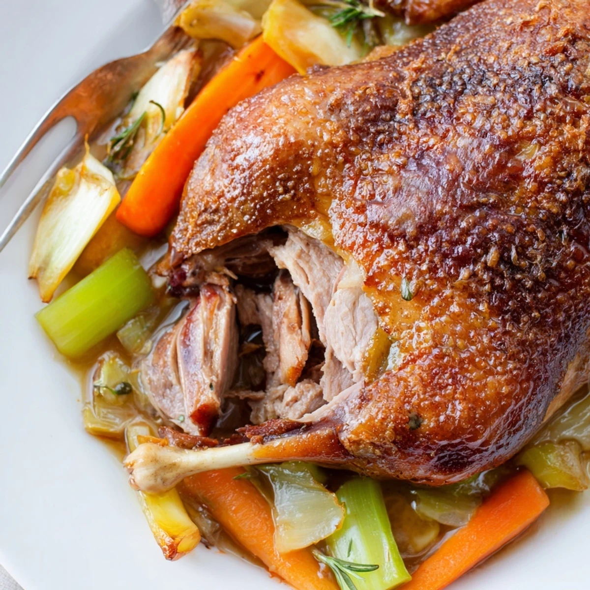 Sliced Crispy Braised Duck With Savory Vegetables atop braised leeks, herb-scented jus