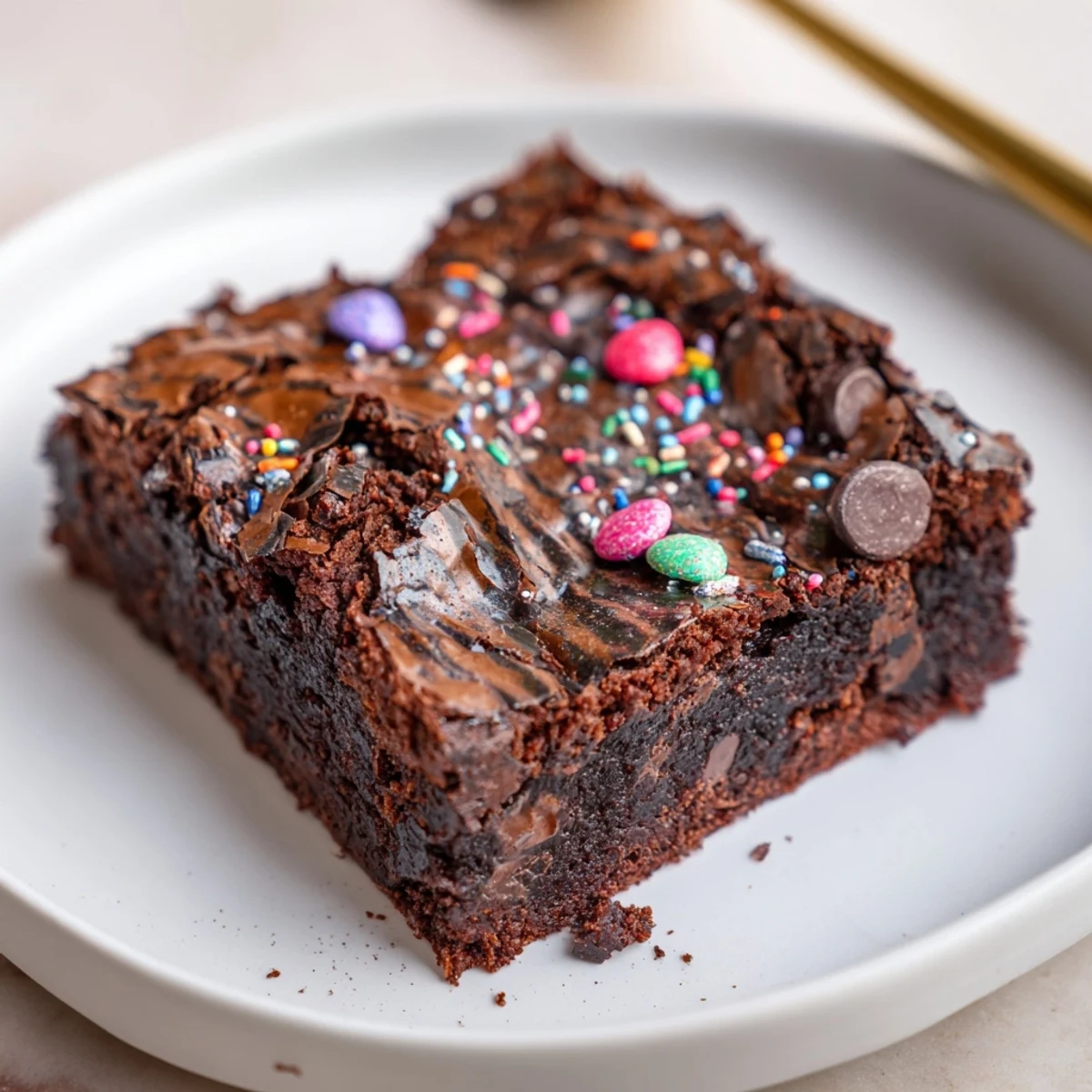 Slice of Sourdough Cosmic Chocolate Brownies beside cold milk, tangy chocolate aroma