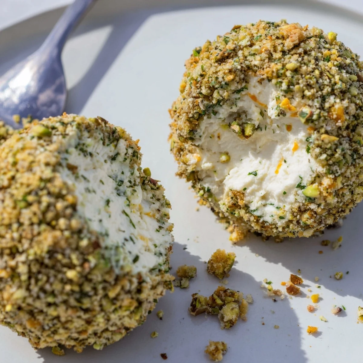 Savory Pistachio Crusted Cheese Bites on a platter, crunchy green nut coating  